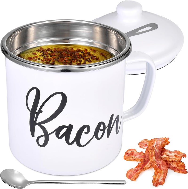 Fondpen Bacon Grease Container with Strainer - 15oz Enamel Grease Container, White Elephant Gifts For Kitchen Fat Storage, Dishwasher Safe- White - Image 1
